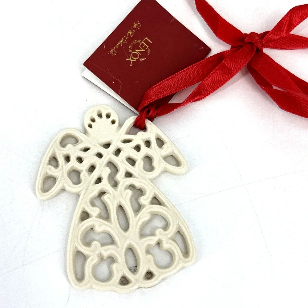 Lenox‎ Pierced Angel Charm Christmas Ornament Cream Porcelain W Red Ribbon 2.5